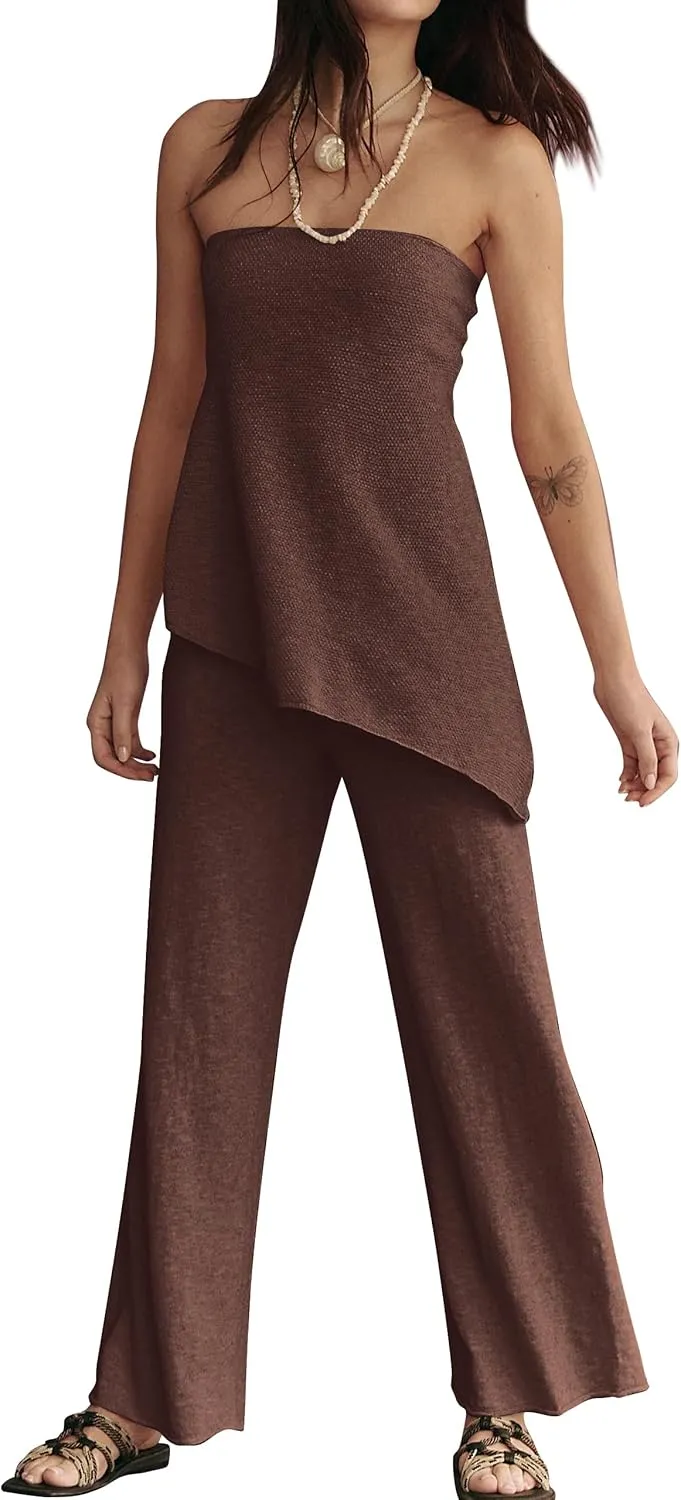 2 Piece Sets for Women Tube Tops and Pants Lounge Sweater Sets Summer Beach Travel Vacation Outfits
