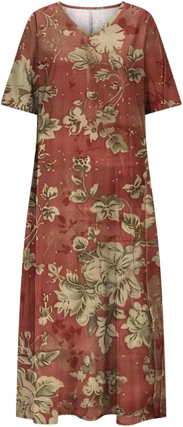 2025 Casual Dress for Women Flowy V Neck Short Sleeve Floral Maxi Dresses Lightweight Summer Beach Vacation Clothes