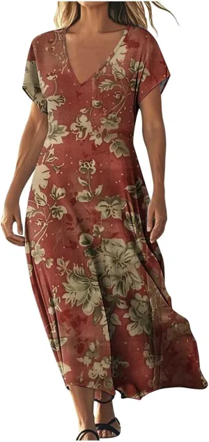 2025 Casual Dress for Women Flowy V Neck Short Sleeve Floral Maxi Dresses Lightweight Summer Beach Vacation Clothes
