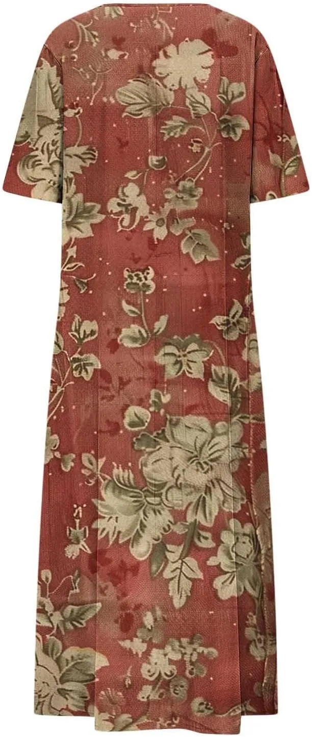 2025 Casual Dress for Women Flowy V Neck Short Sleeve Floral Maxi Dresses Lightweight Summer Beach Vacation Clothes