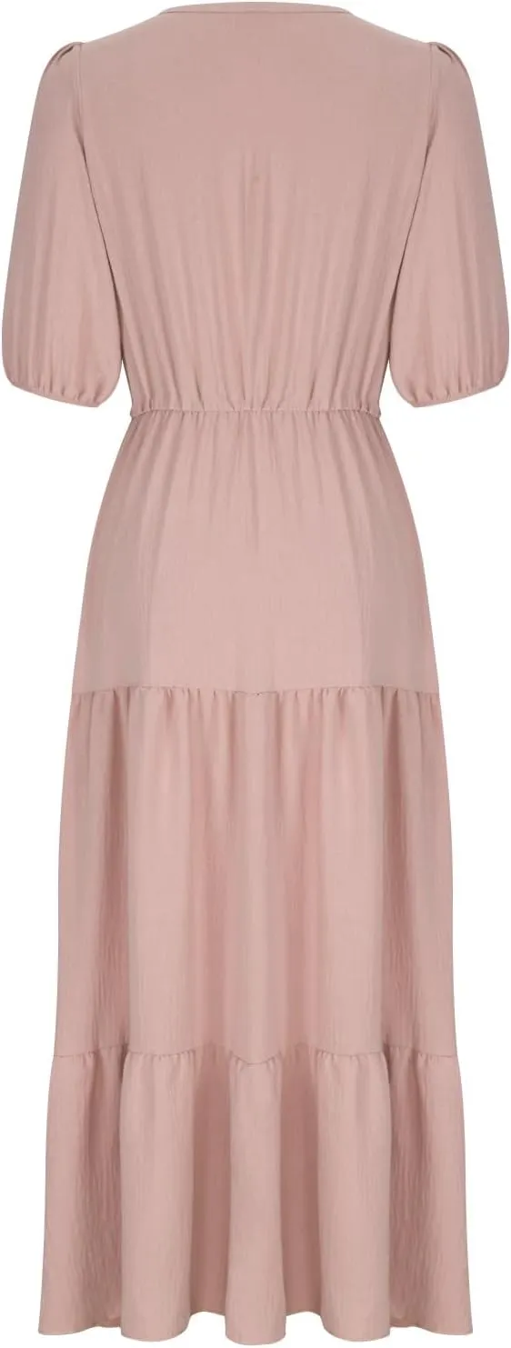 2025 Spring Summer Fashion Dress for Women Solid Color Pleated A-Line Home Dress Casual Button V-Neck Holiday Dresses