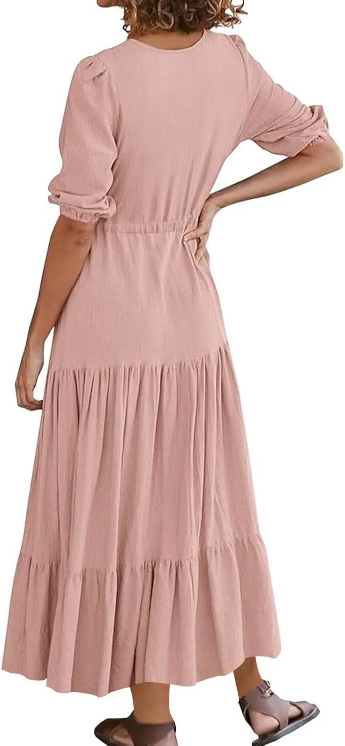 2025 Spring Summer Fashion Dress for Women Solid Color Pleated A-Line Home Dress Casual Button V-Neck Holiday Dresses