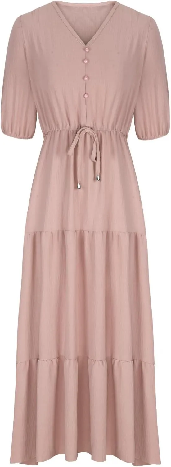 2025 Spring Summer Fashion Dress for Women Solid Color Pleated A-Line Home Dress Casual Button V-Neck Holiday Dresses