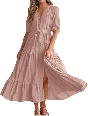2025 Spring Summer Fashion Dress for Women Solid Color Pleated A-Line Home Dress Casual Button V-Neck Holiday Dresses