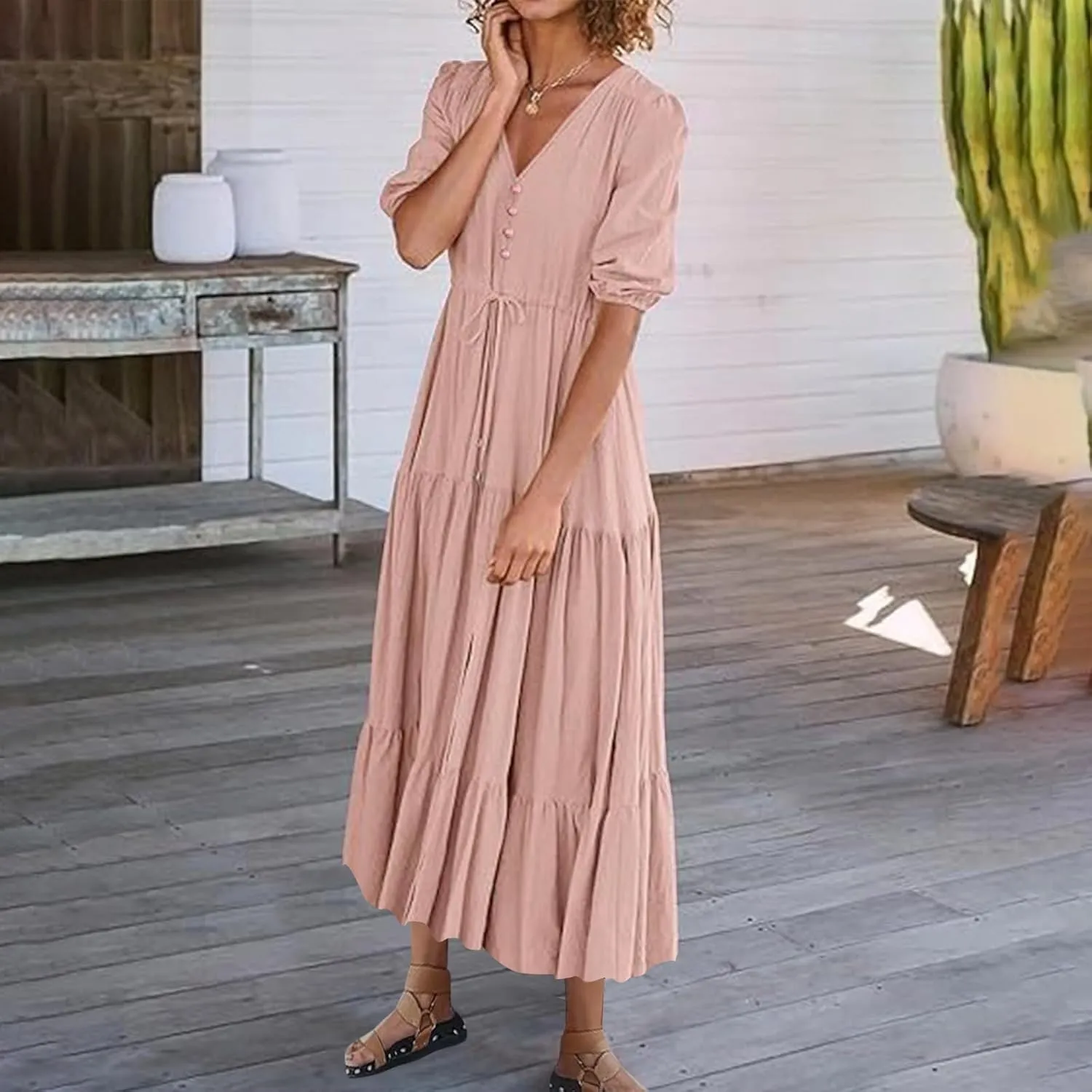 2025 Spring Summer Fashion Dress for Women Solid Color Pleated A-Line Home Dress Casual Button V-Neck Holiday Dresses