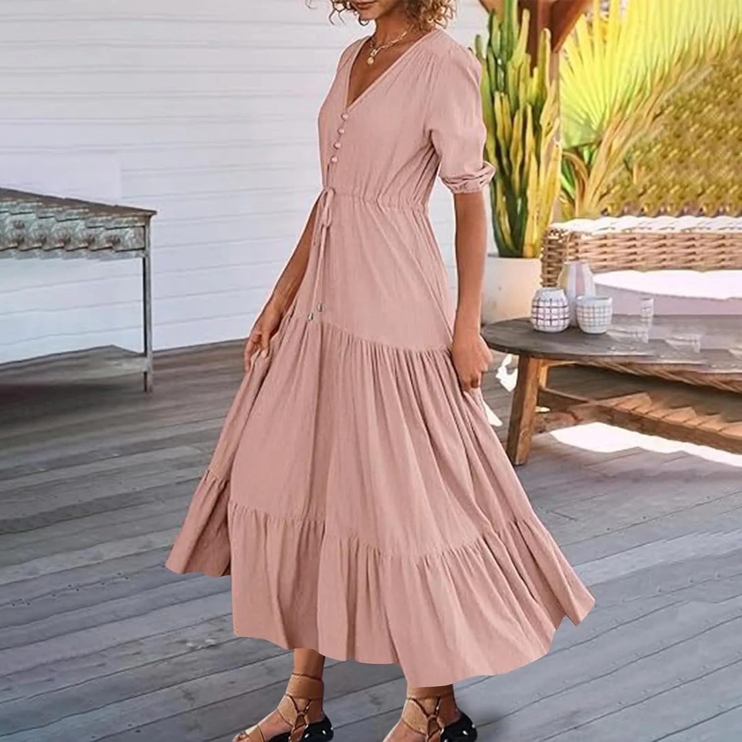 2025 Spring Summer Fashion Dress for Women Solid Color Pleated A-Line Home Dress Casual Button V-Neck Holiday Dresses