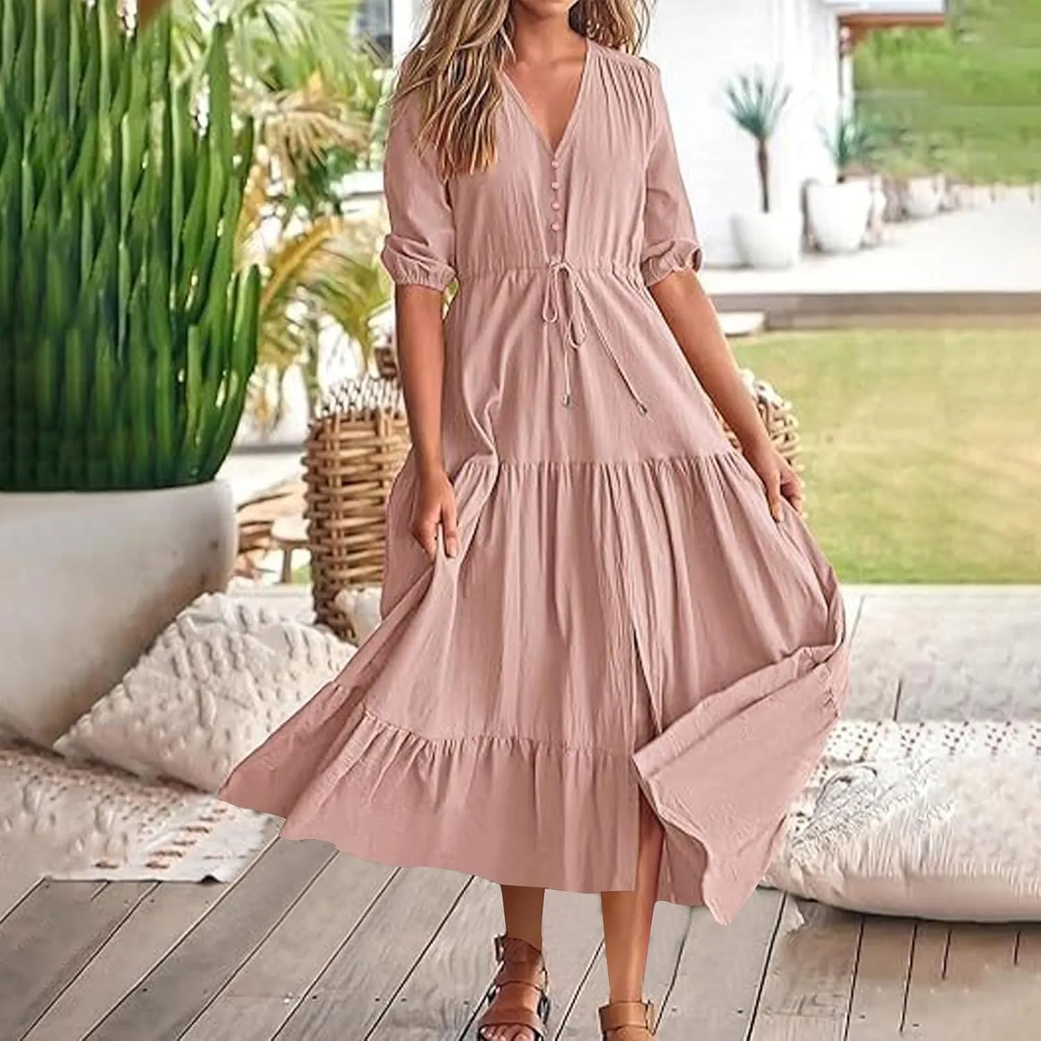 2025 Spring Summer Fashion Dress for Women Solid Color Pleated A-Line Home Dress Casual Button V-Neck Holiday Dresses