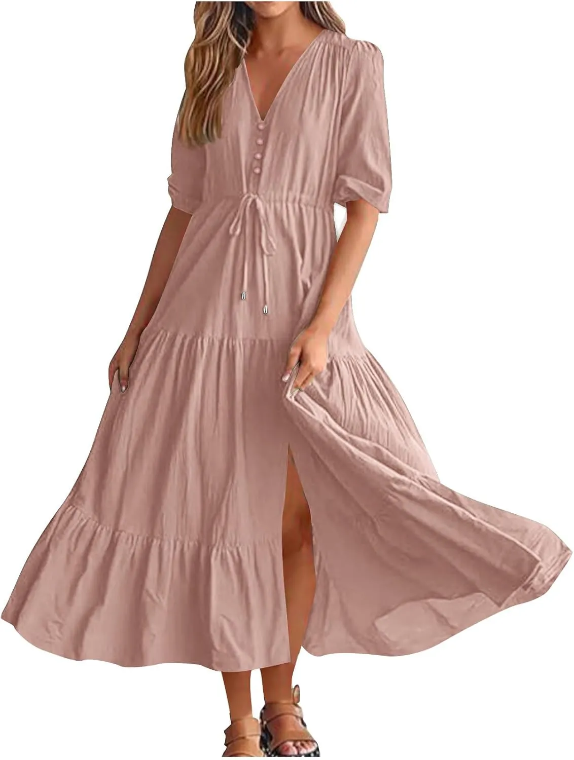 2025 Spring Summer Fashion Dress for Women Solid Color Pleated A-Line Home Dress Casual Button V-Neck Holiday Dresses