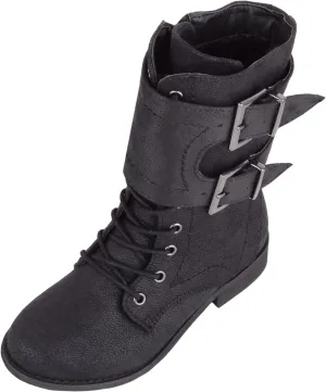 ABSOLUTE FOOTWEAR Childrens Kids Girls Slip On Lace Up Inside Zip Warm Boots with Double Buckle Design