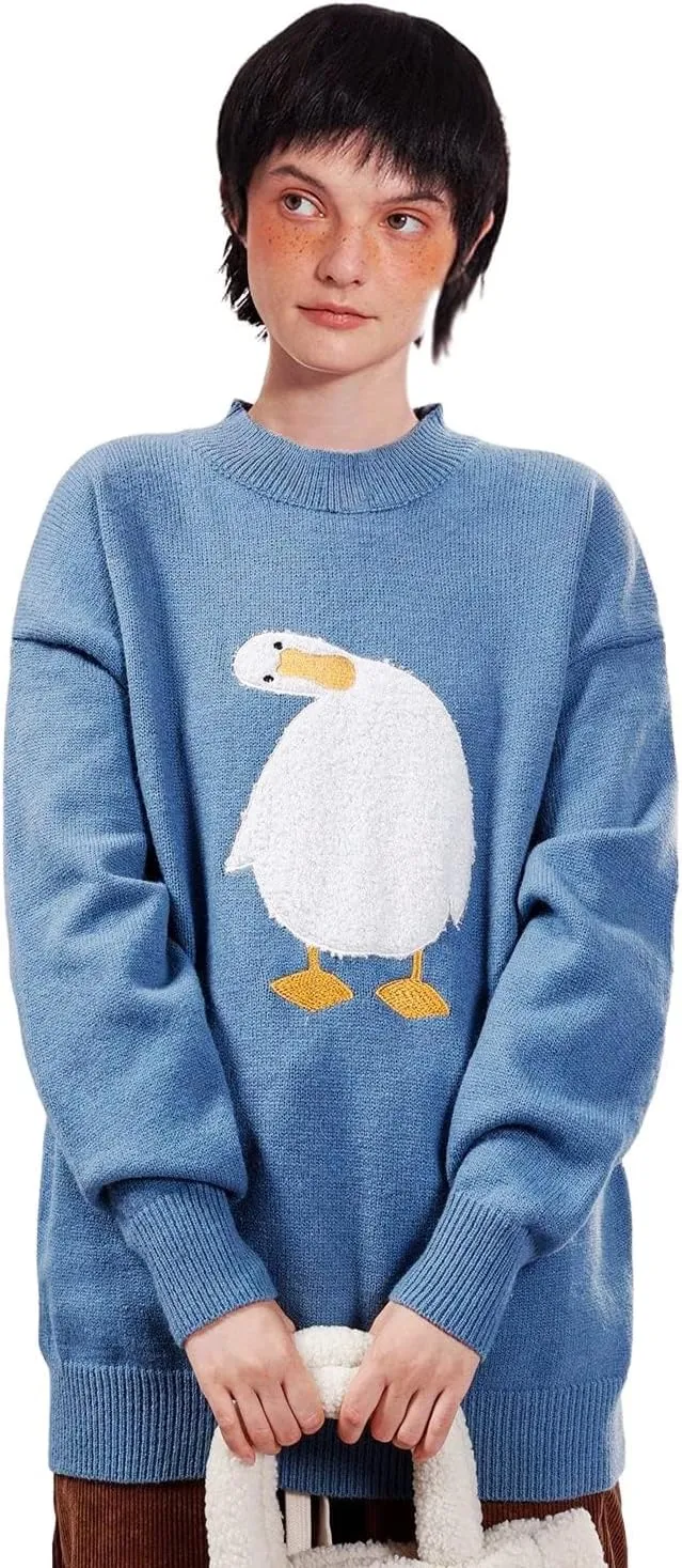 Aelfric Eden Oversized Sweaters for Women Trendy Unisex Duck Graphic Knit Fall Sweater Streetwear Couple Crewneck Pullover