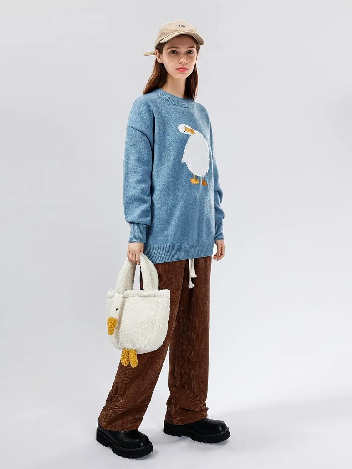 Aelfric Eden Oversized Sweaters for Women Trendy Unisex Duck Graphic Knit Fall Sweater Streetwear Couple Crewneck Pullover