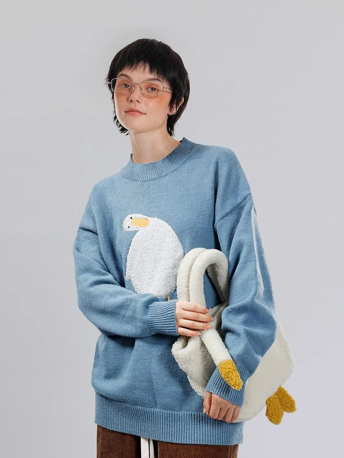 Aelfric Eden Oversized Sweaters for Women Trendy Unisex Duck Graphic Knit Fall Sweater Streetwear Couple Crewneck Pullover