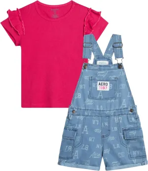 AEROPOSTALE Girls' Denim Short Overalls Set - 2 Piece Bib Shortall and Solid Ribbed Crewneck Tee Set for Girls (Sizes: 4-16)