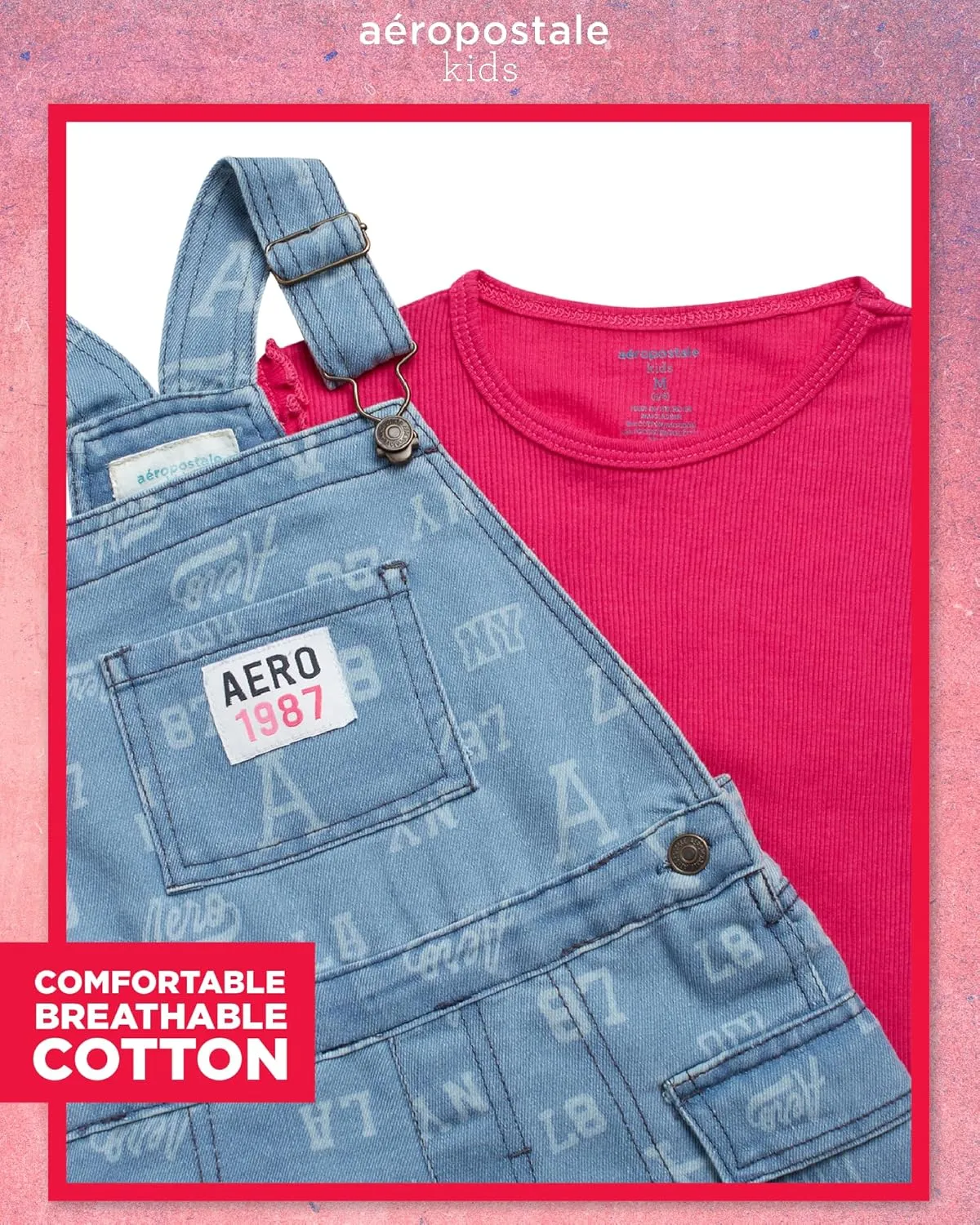 AEROPOSTALE Girls' Denim Short Overalls Set - 2 Piece Bib Shortall and Solid Ribbed Crewneck Tee Set for Girls (Sizes: 4-16)