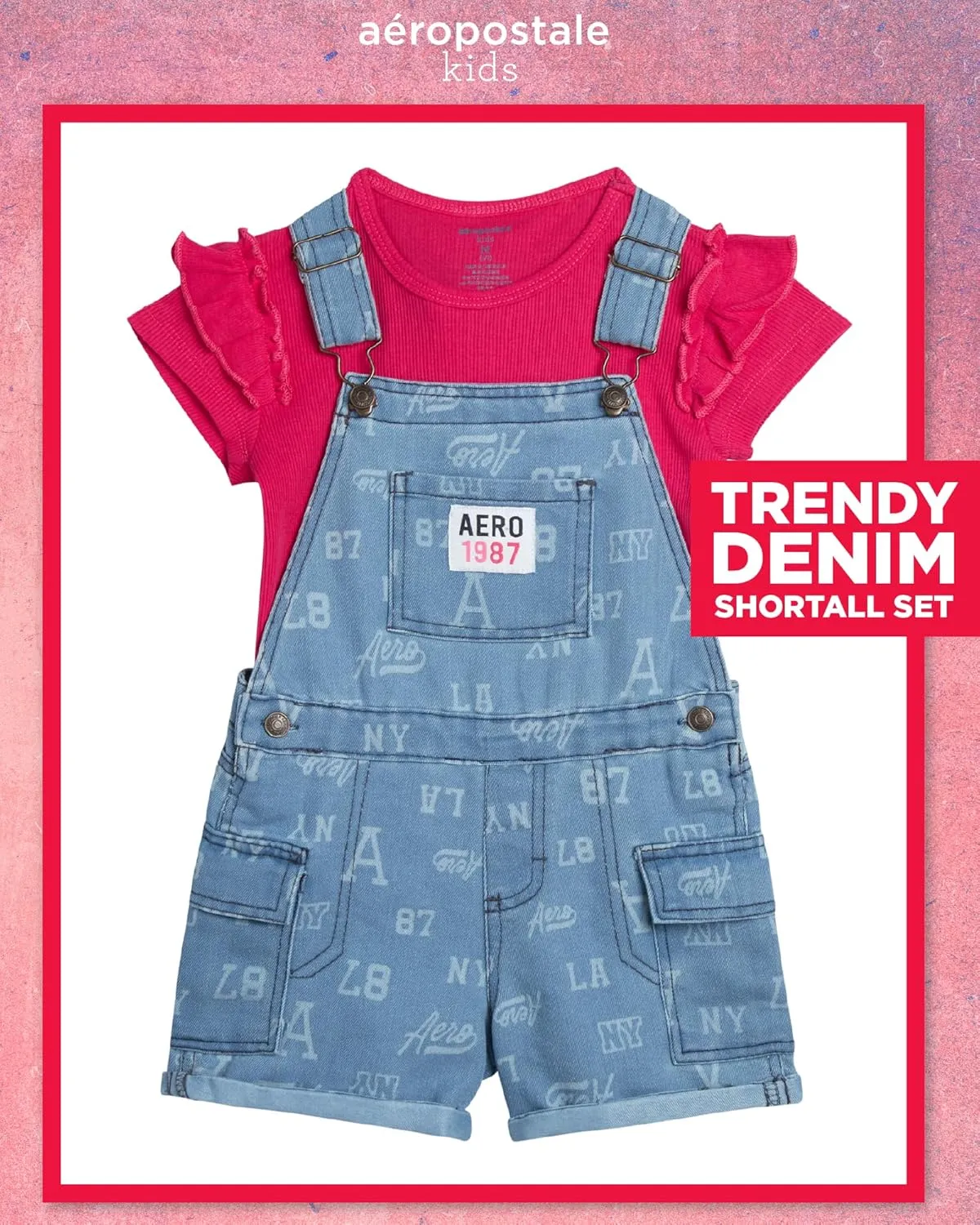 AEROPOSTALE Girls' Denim Short Overalls Set - 2 Piece Bib Shortall and Solid Ribbed Crewneck Tee Set for Girls (Sizes: 4-16)