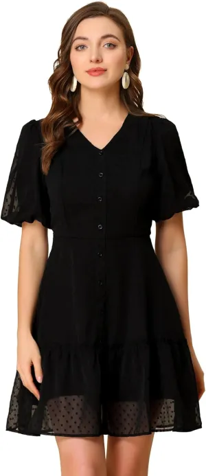 Allegra K Women's V Neck Puff Sleeve Swiss Dots Ruffle Hem Mini Casual Dresses 2023