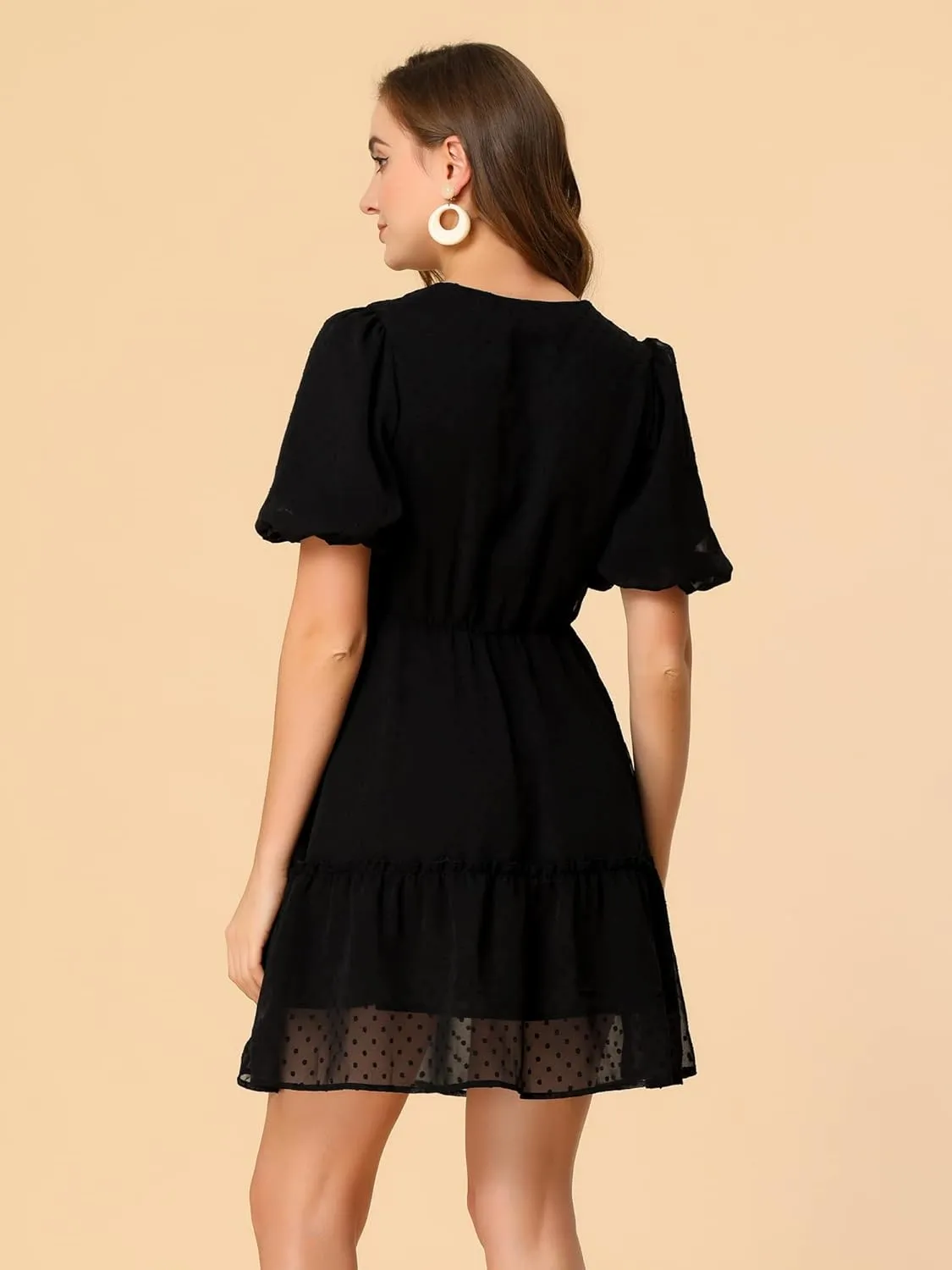 Allegra K Women's V Neck Puff Sleeve Swiss Dots Ruffle Hem Mini Casual Dresses 2023