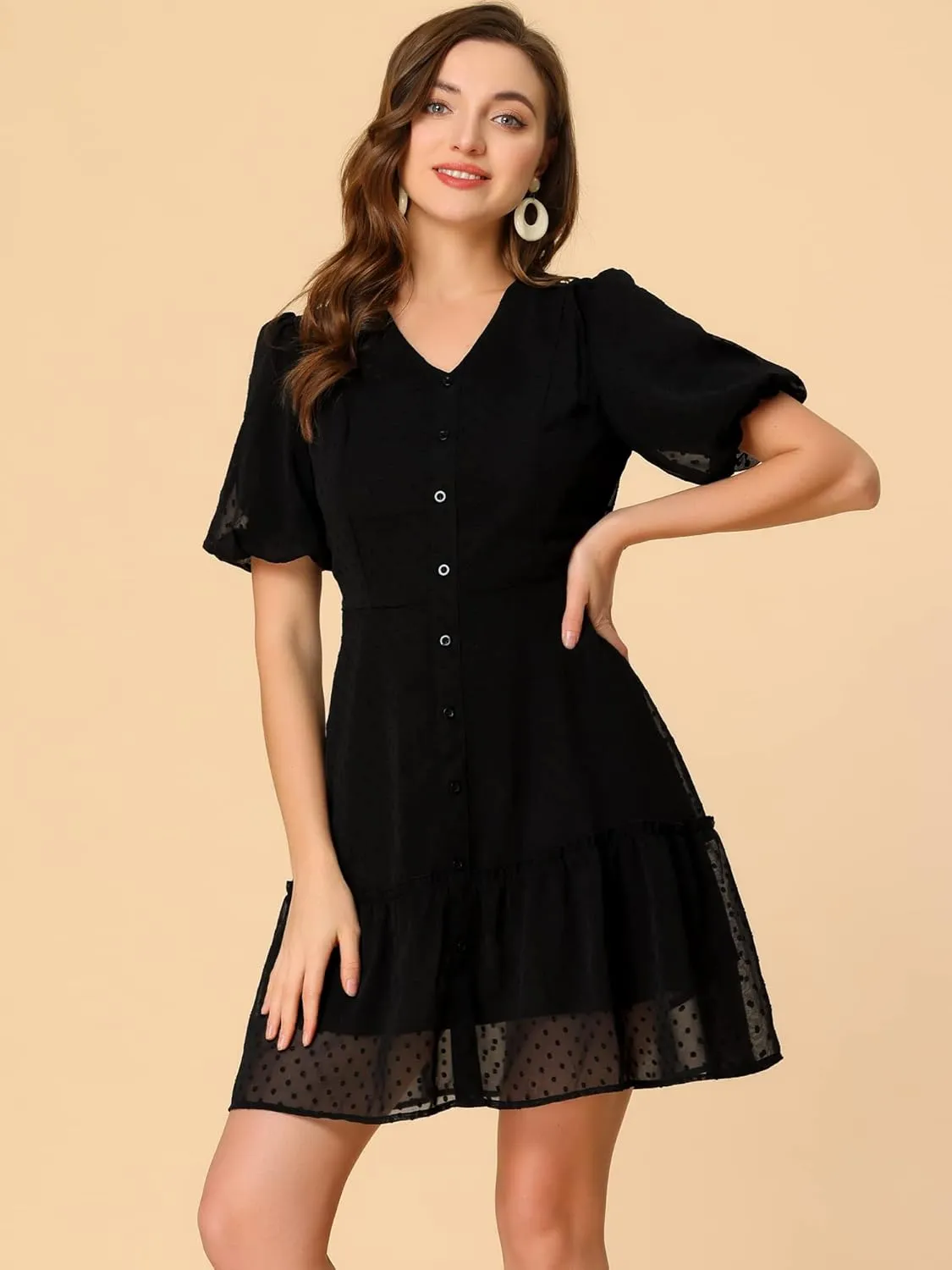 Allegra K Women's V Neck Puff Sleeve Swiss Dots Ruffle Hem Mini Casual Dresses 2023