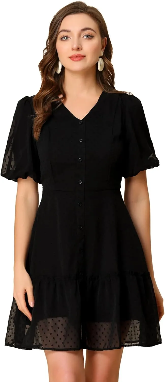 Allegra K Women's V Neck Puff Sleeve Swiss Dots Ruffle Hem Mini Casual Dresses 2023