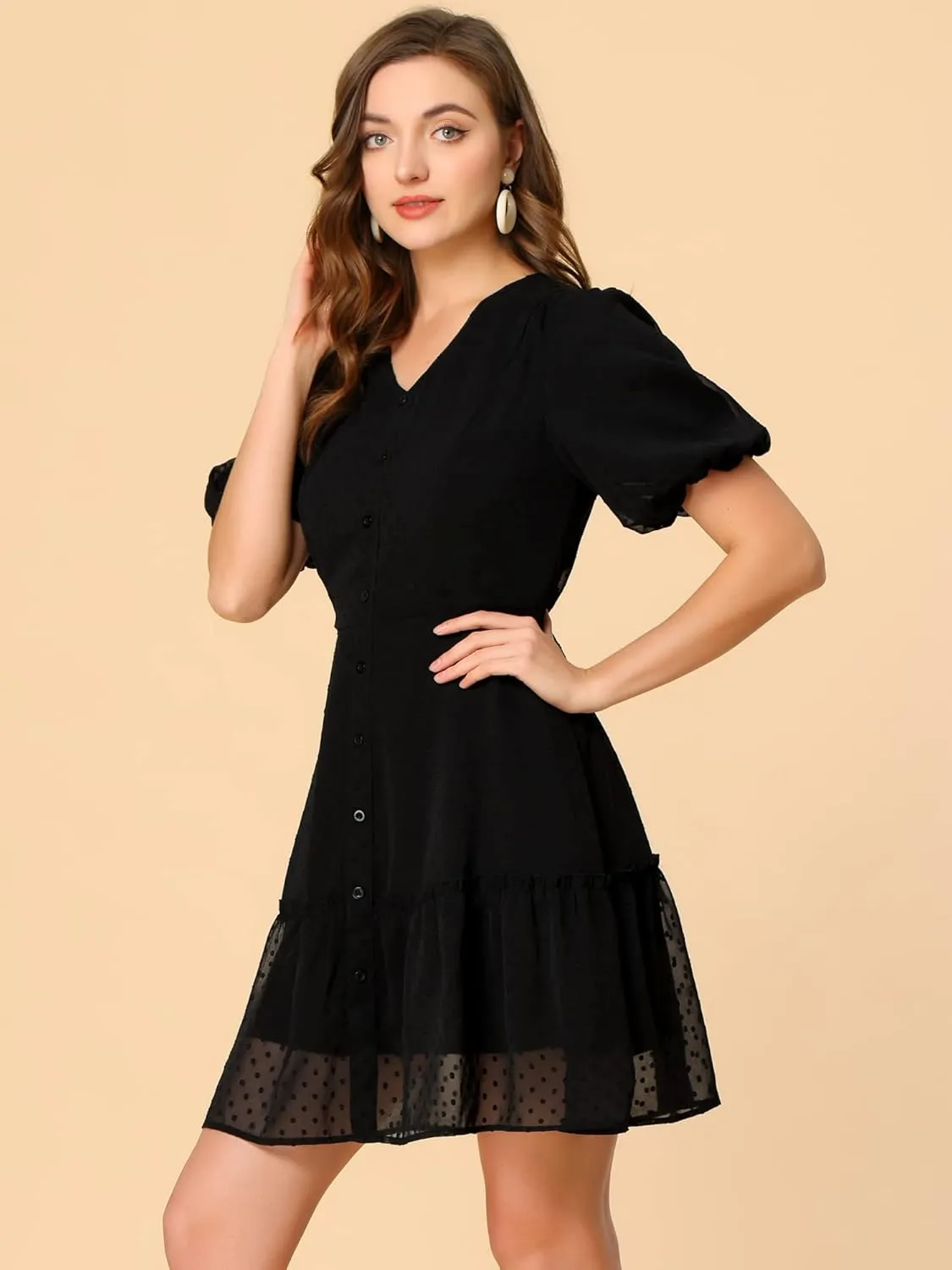 Allegra K Women's V Neck Puff Sleeve Swiss Dots Ruffle Hem Mini Casual Dresses 2023