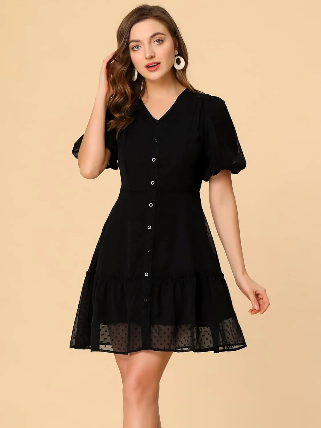 Allegra K Women's V Neck Puff Sleeve Swiss Dots Ruffle Hem Mini Casual Dresses 2023