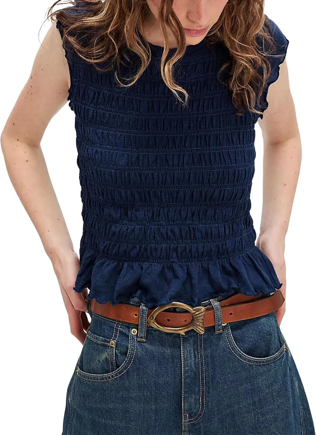 APAFES Womens Smocked Crop Tops Summer Peplum T-Shirts Cap Sleeve Crew Neck Workout Casual Tees