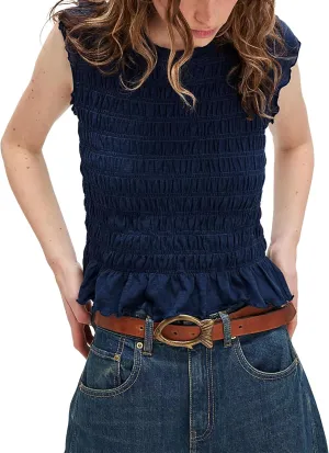 APAFES Womens Smocked Crop Tops Summer Peplum T-Shirts Cap Sleeve Crew Neck Workout Casual Tees