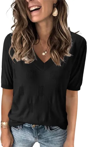 Arach&Cloz Women's Tops 2025 Spring Summer Short Sleeve Sweater Fashion Trendy Dressy Casual Outfit Versatile Knit Blouse