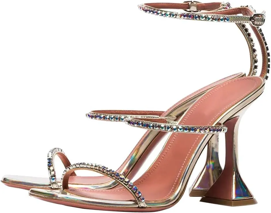 Arqa Women's Ankle Strap Sandals Crystal Embellished Open Toe High Heels Summer Bride Heeled