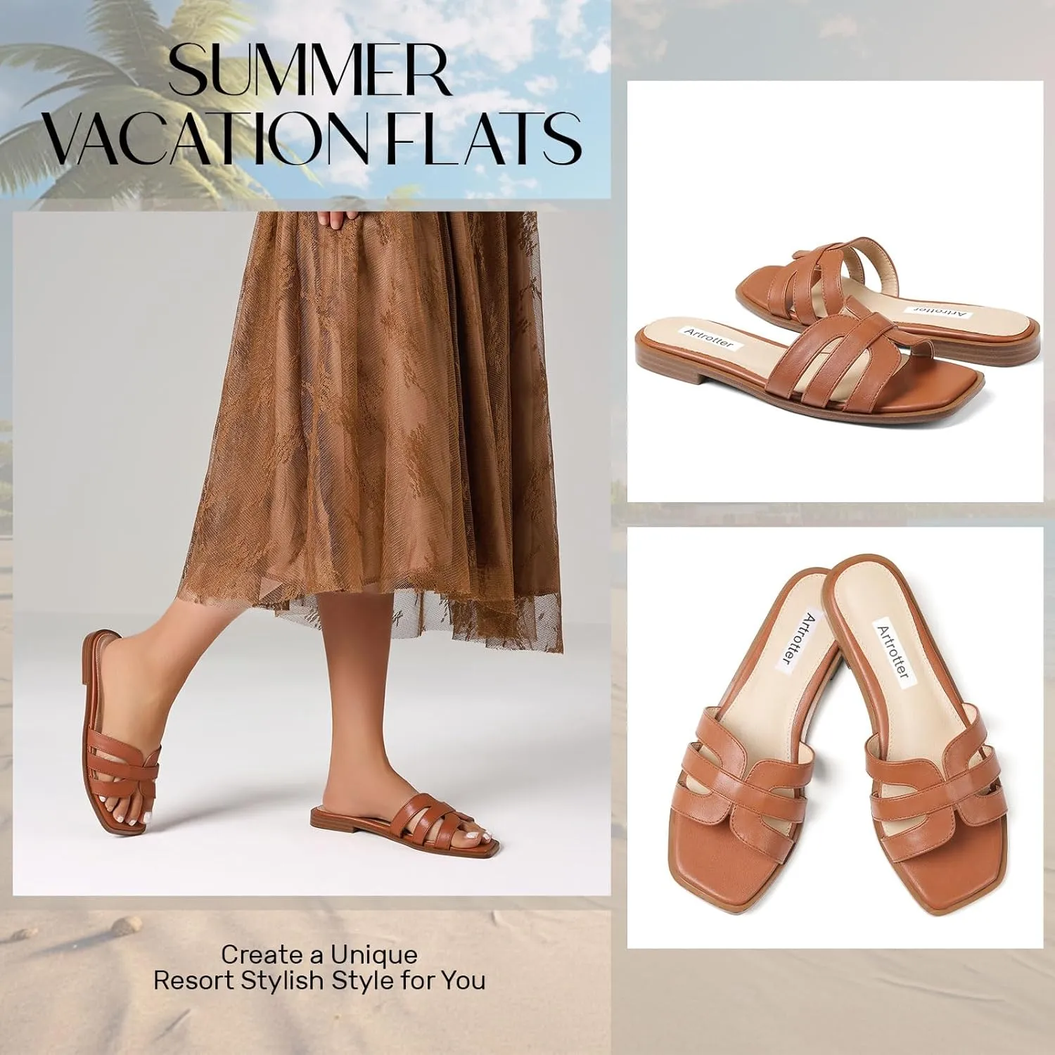Artrotter Slides Beach Sandals for Women Comfortable Vacation Summer Shoes for Women Flat Sandals