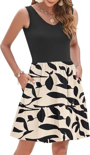 AUSELILY Womens Summer Dresses 2025 Casual Sleeveless Sundress Beach Vacation Flowy Tiered Short Dresses with Pockets