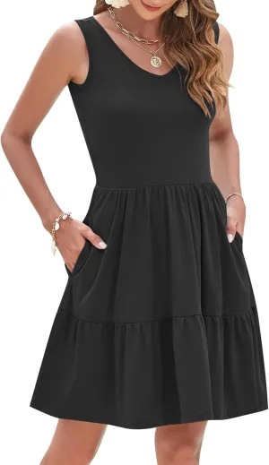 AUSELILY Womens Summer Dresses 2025 Casual Sleeveless Sundress Beach Vacation Flowy Tiered Short Dresses with Pockets