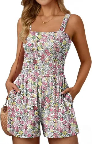 AUTOMET Rompers for Women Summer Vacation Beach Outfits Casual Loose Square Neck Shorts Jumpsuits Overalls 2025 Resort Wear
