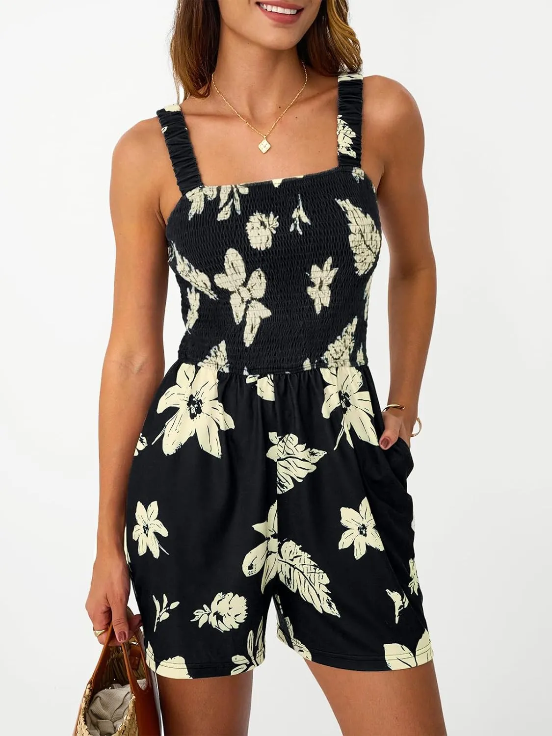 AUTOMET Rompers for Women Summer Vacation Beach Outfits Casual Loose Square Neck Shorts Jumpsuits Overalls 2025 Resort Wear