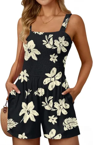AUTOMET Rompers for Women Summer Vacation Beach Outfits Casual Loose Square Neck Shorts Jumpsuits Overalls 2025 Resort Wear