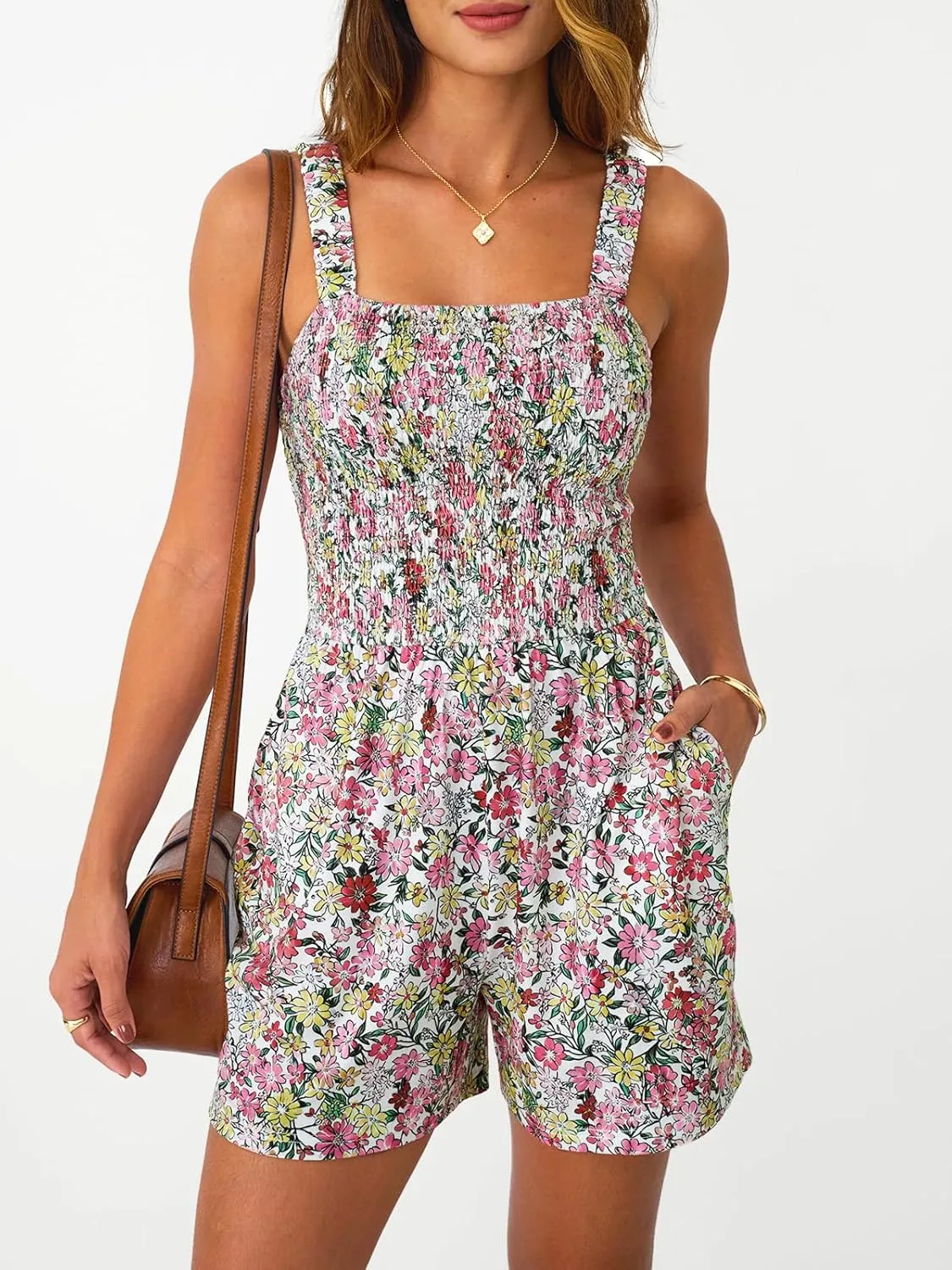 AUTOMET Rompers for Women Summer Vacation Beach Outfits Casual Loose Square Neck Shorts Jumpsuits Overalls 2025 Resort Wear