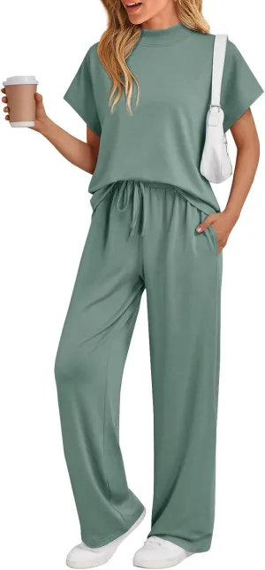AUTOMET Women's Mock Neck 2 Piece Lounge Set Matching Summer Loose Fit Wide Leg Pants Set