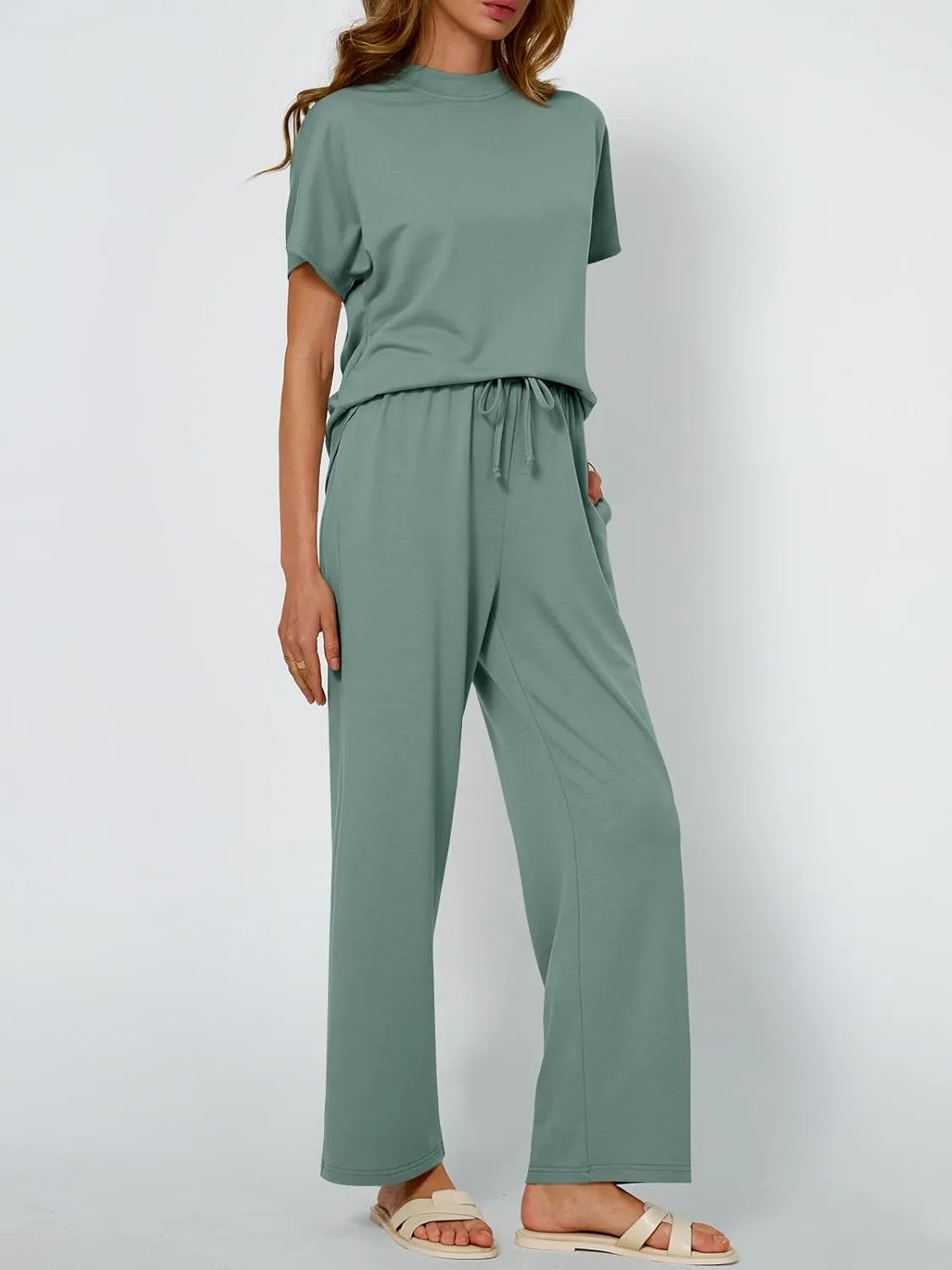 AUTOMET Women's Mock Neck 2 Piece Lounge Set Matching Summer Loose Fit Wide Leg Pants Set