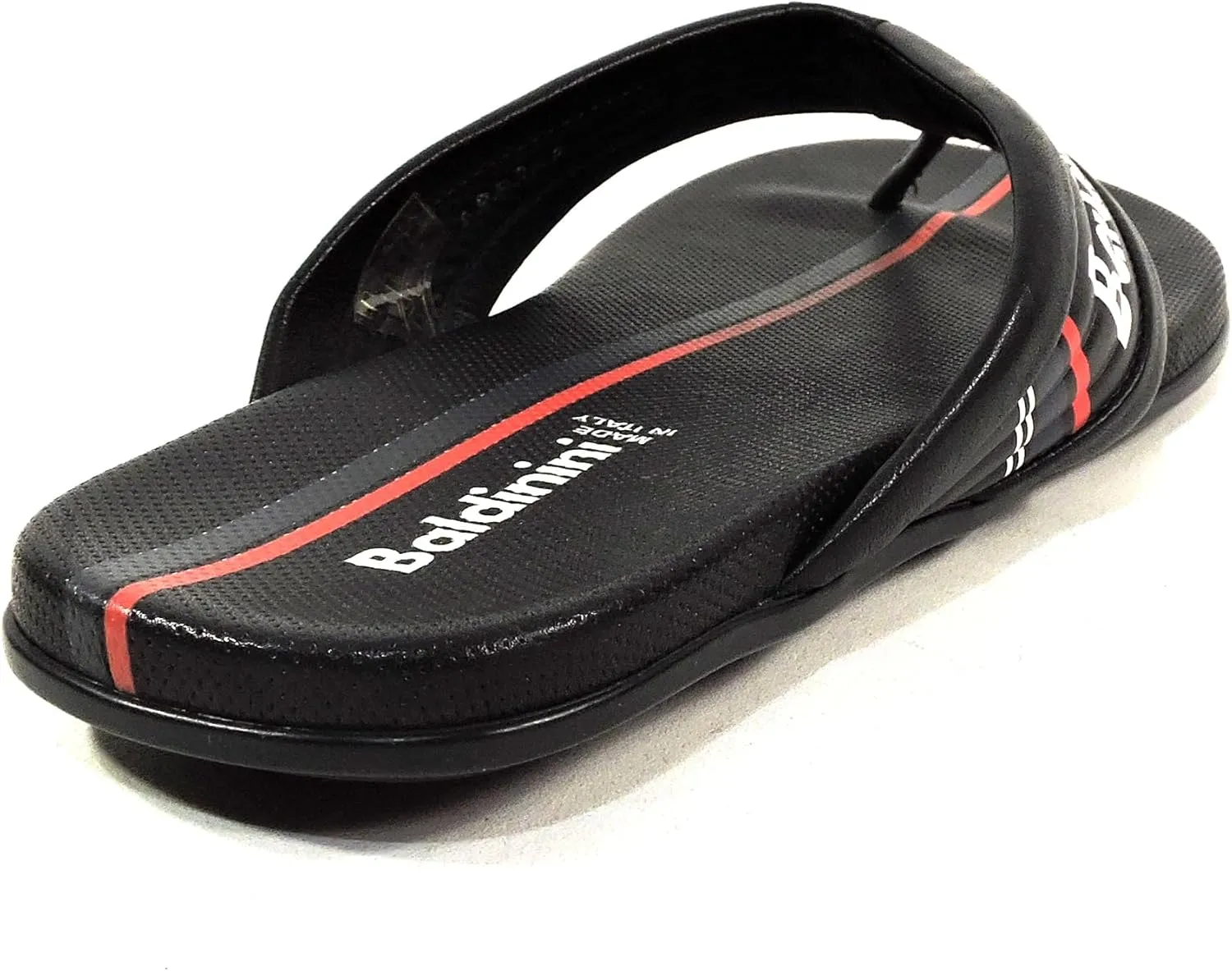Baldinini Men's Leather Thong Sandals, Black with Red Stripe, Made in Italy, Comfort Flat