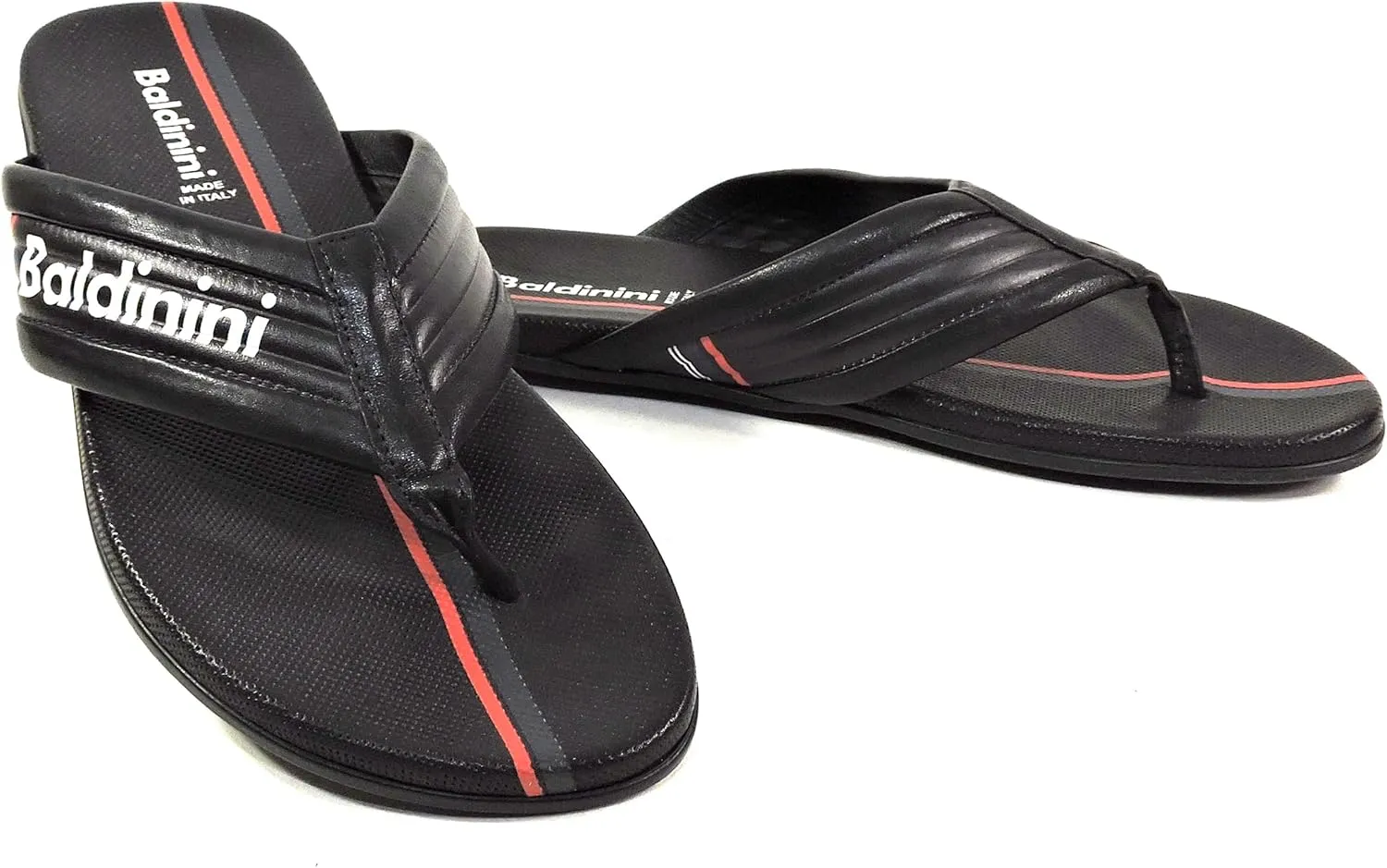 Baldinini Men's Leather Thong Sandals, Black with Red Stripe, Made in Italy, Comfort Flat