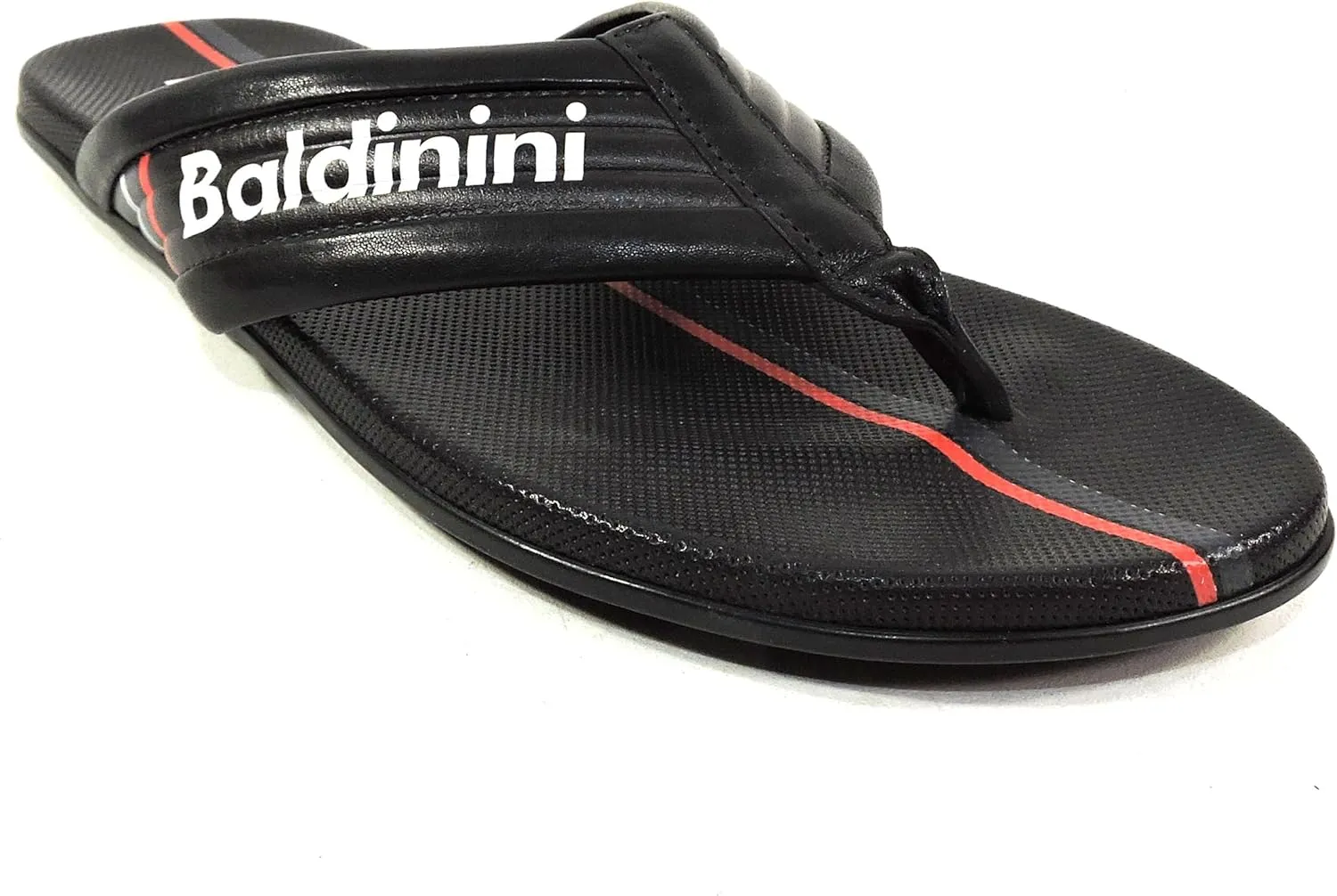 Baldinini Men's Leather Thong Sandals, Black with Red Stripe, Made in Italy, Comfort Flat