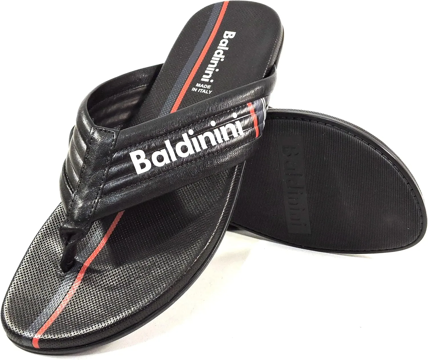 Baldinini Men's Leather Thong Sandals, Black with Red Stripe, Made in Italy, Comfort Flat