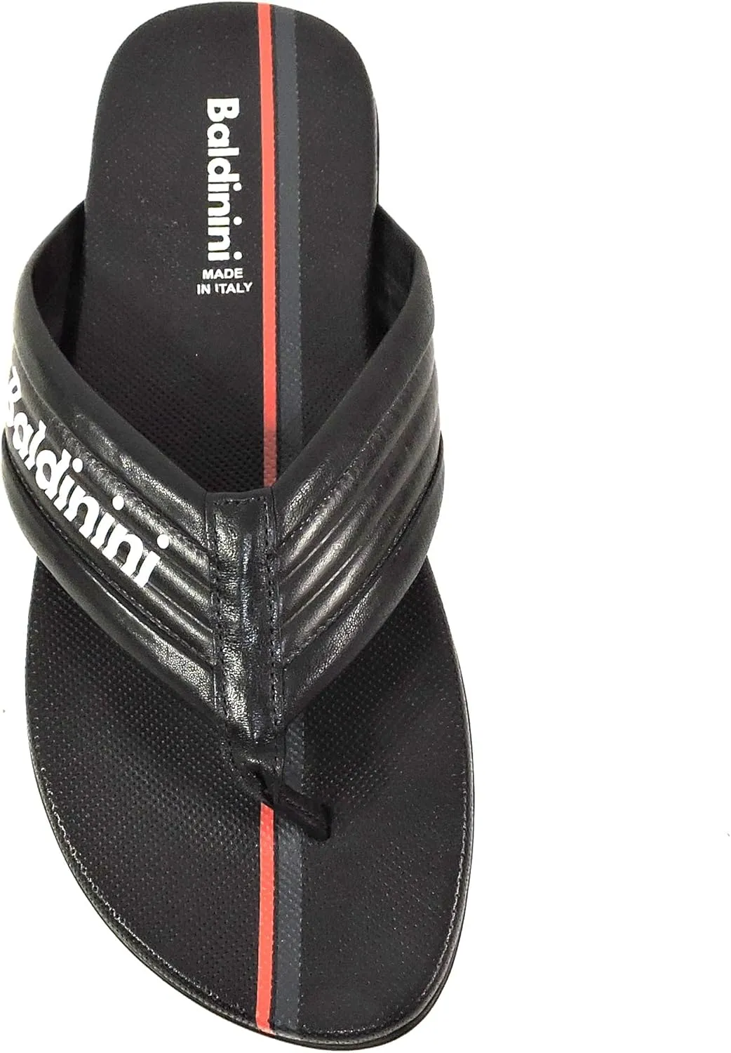 Baldinini Men's Leather Thong Sandals, Black with Red Stripe, Made in Italy, Comfort Flat