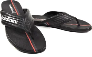 Baldinini Men's Leather Thong Sandals, Black with Red Stripe, Made in Italy, Comfort Flat