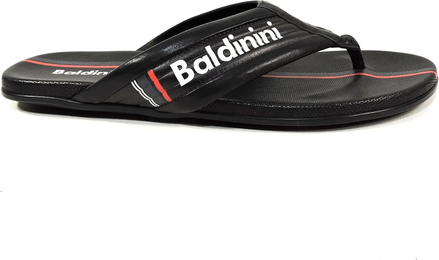 Baldinini Men's Leather Thong Sandals, Black with Red Stripe, Made in Italy, Comfort Flat