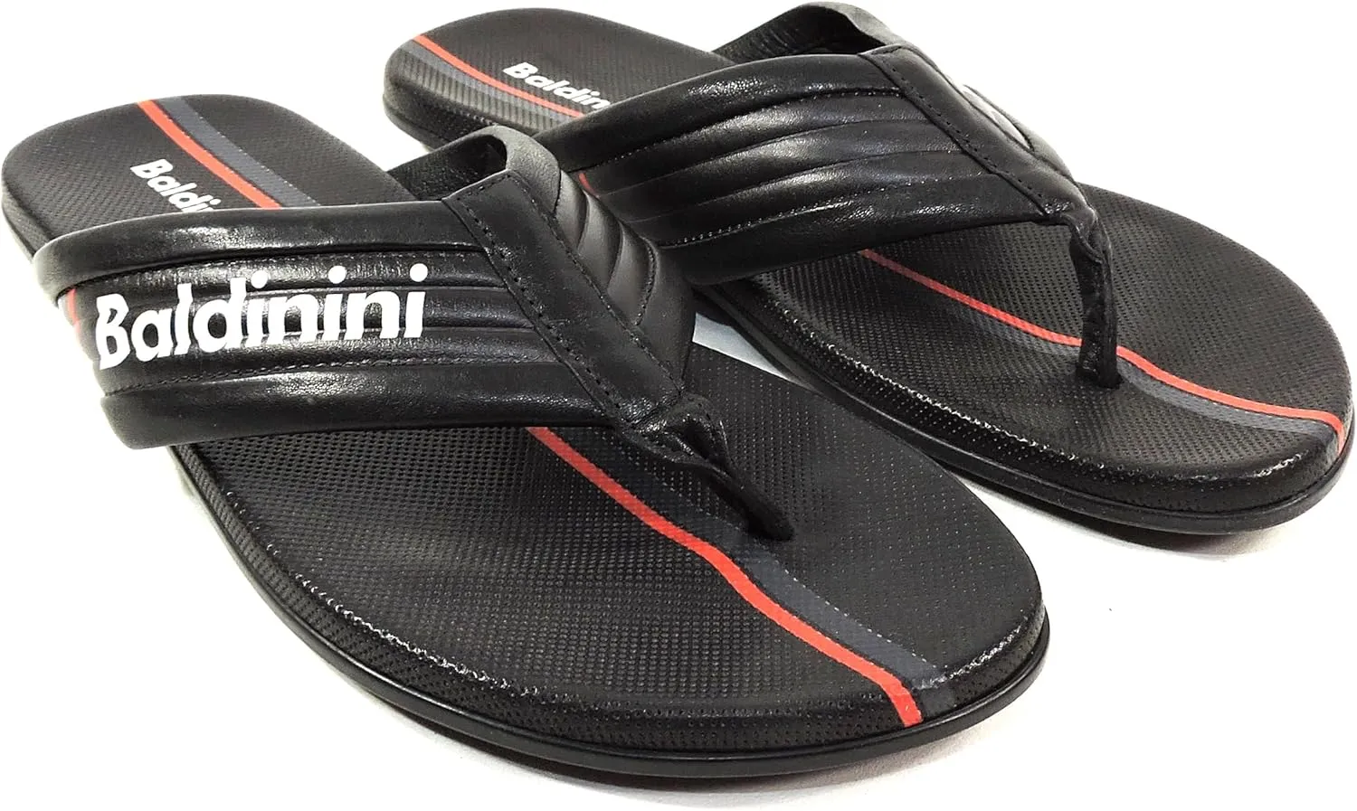 Baldinini Men's Leather Thong Sandals, Black with Red Stripe, Made in Italy, Comfort Flat