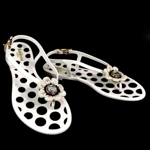 Baldinini Women's Perforated Jelly Sandals, White with Flower Crystal Detail, Slingback