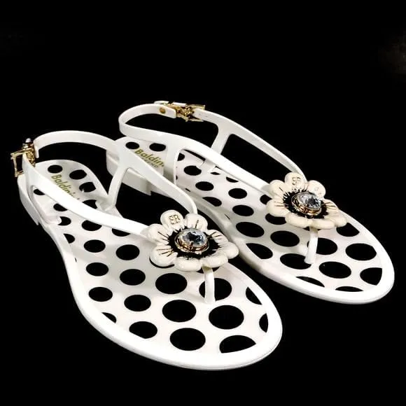 Baldinini Women's Perforated Jelly Sandals, White with Flower Crystal Detail, Slingback