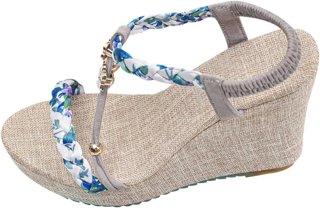 Beach Sandals for Woman High Heeled Elastic Ankle Strappy Shoes Open Toe Sandal Casual Dressy Workout Hiking Shoe