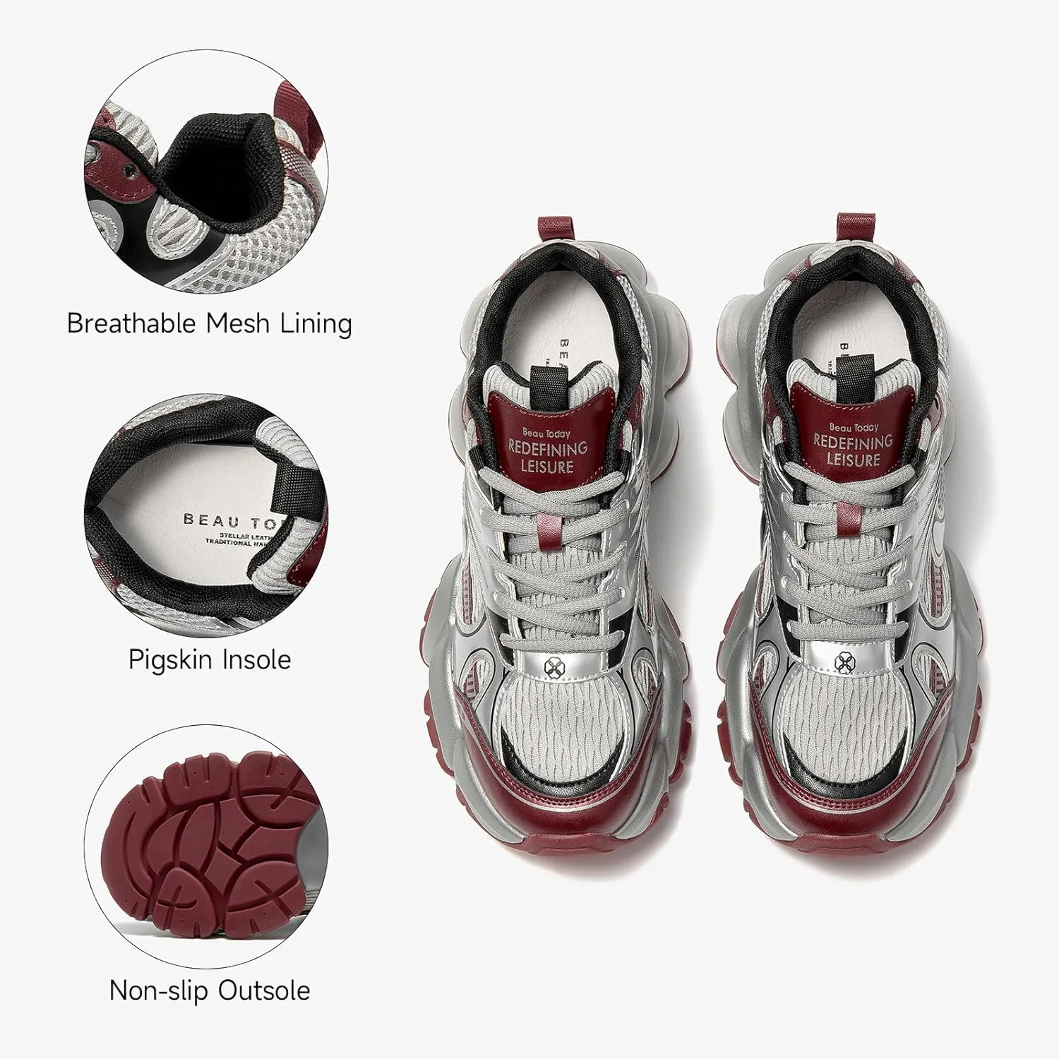 BEAU TODAY Chunky Sneakers for Women, Womens Fashion Sneakers, Lace Up Platform Leather Casual Walking Dad Shoes